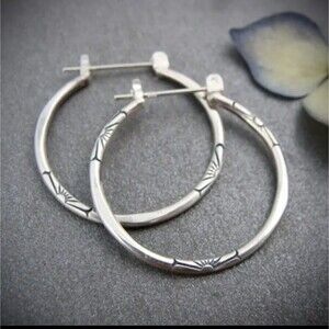Silver floral hoop earrings floral engraved minimalist design